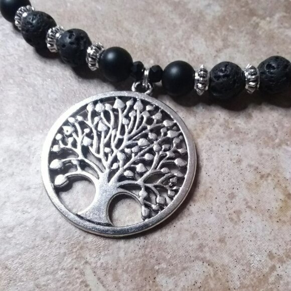 LAST ONE! Beaded "Tree of Life" Medallion - Black + Silver Necklace Choker @ 17" - Picture 2 of 9